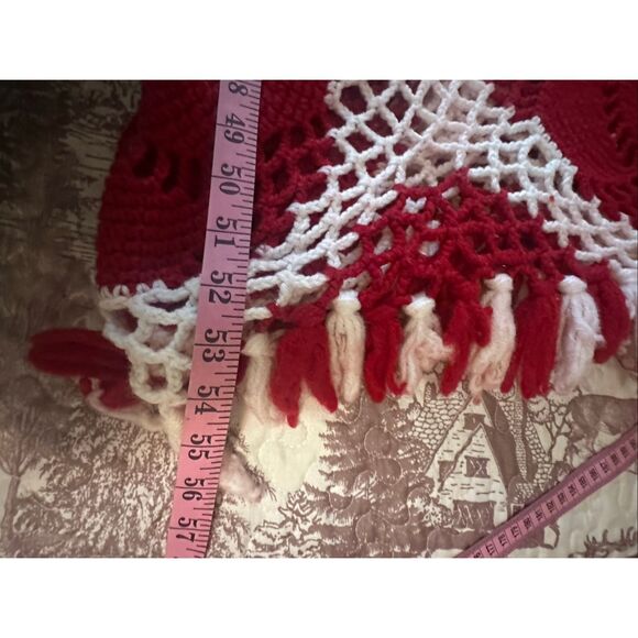 Handmade White Red Crocheted Doily Tassel Fringes Table Cloth 36" x 54" - Picture 4 of 4